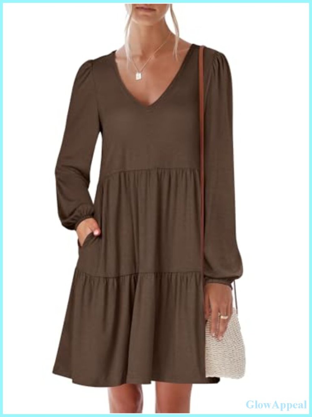 Women's Long Sleeve V Neck Tiered Mini Dress Loose Casual